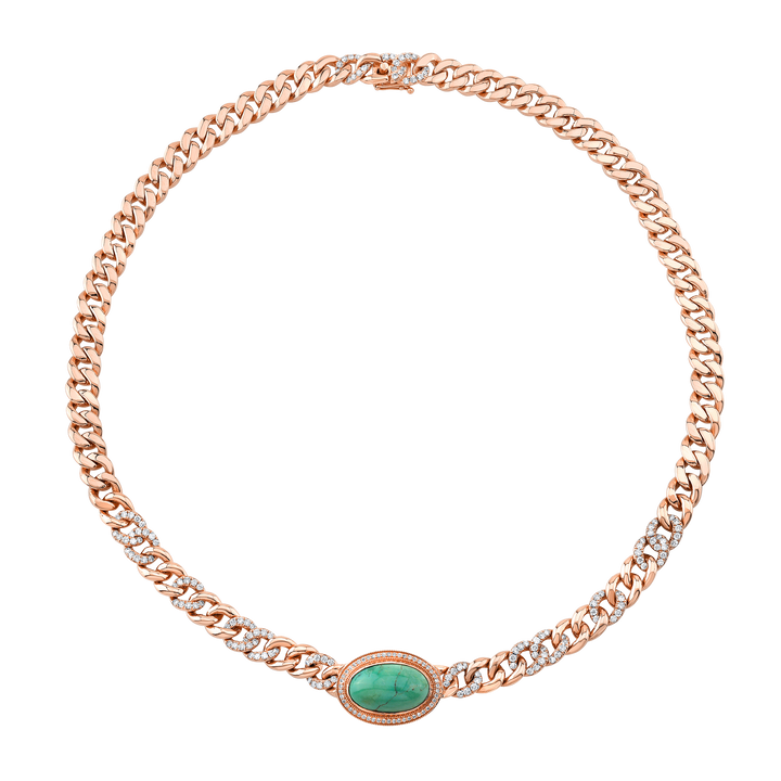 Cuban Link Necklace with Turquoise and Pave Diamonds