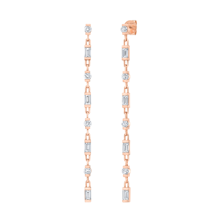 Baguette and Round Brilliant Cut Long Dangling Earrings