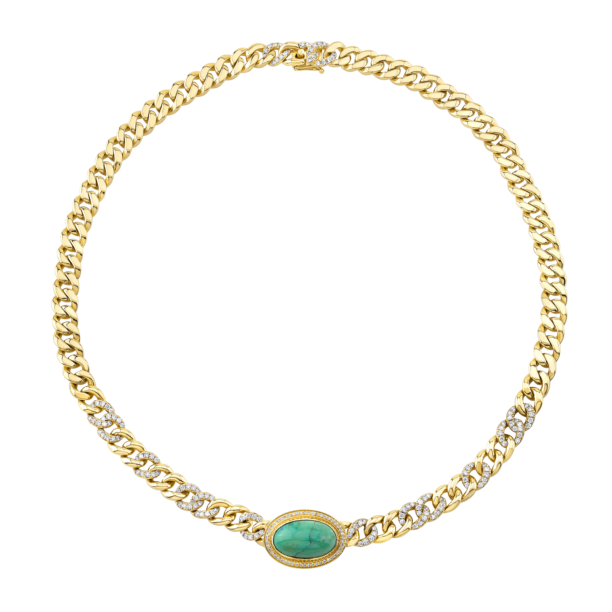 Cuban Link Necklace with Turquoise and Pave Diamonds